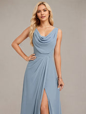 Dusty Blue A-Line V Neck Sleeveless Floor-Length Chiffon Bridesmaid Dress