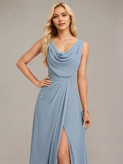 Dusty Blue A-Line V Neck Sleeveless Floor-Length Chiffon Bridesmaid Dress