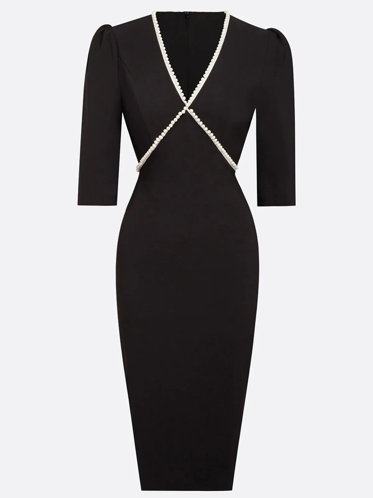 Black Imitation Pearls V Neck Sheath Midi Dress