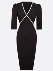 Black Imitation Pearls V Neck Sheath Midi Dress