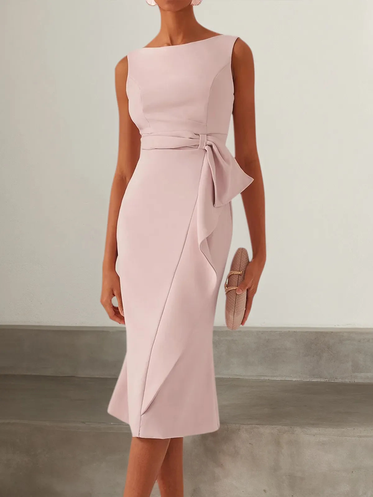 Pink Ruched Boat Neck Sleeveless Sheath Midi Dress