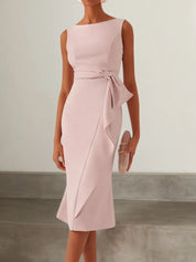 Pink Ruched Boat Neck Sleeveless Sheath Midi Dress