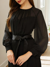 Black Pleated Mesh Chiffon Crew Neck Long Sleeve Balloon Sleeve A-Line Maxi Dress