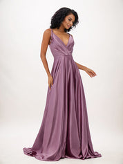 Wisteria A-Line Satin Ruffles V-Neck Sleeveless Floor Length Bridesmaid Dresses