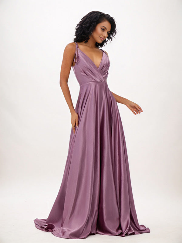 Wisteria A-Line Satin Ruffles V-Neck Sleeveless Floor Length Bridesmaid Dresses