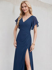 Navy Blue Chiffon A Line V Neck Floor Length Bridesmaid Dress With Ruffle