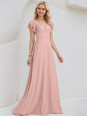 Dusty Rose Chiffon A Line V Neck Floor Length Bridesmaid Dress With Ruffles