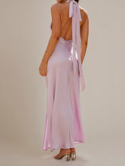 Lilac Chiffon Sheath/Column Halter Neck Sleeveless Floor Length Bridesmaid Dresses