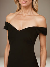 Black Stretch Crepe Off the Shoulder Sleeveless Floor Length Dress With Ruffles