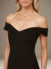 Black Stretch Crepe Off the Shoulder Sleeveless Floor Length Dress With Ruffles
