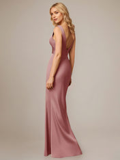 Dusty Rose Satin Sheath/Column V Neck Sleeveless Floor-Length Bridesmaid Dress With Bow
