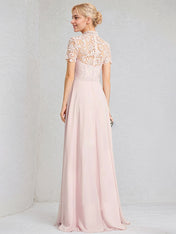 Blushing Pink A-Line High Neck Floor-Length Lace Chiffon Bridesmaid Dresses