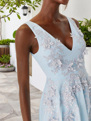 Light Blue Lace Asymmetric Chiffon V Neck Sleeveless A-Line Maxi Dress