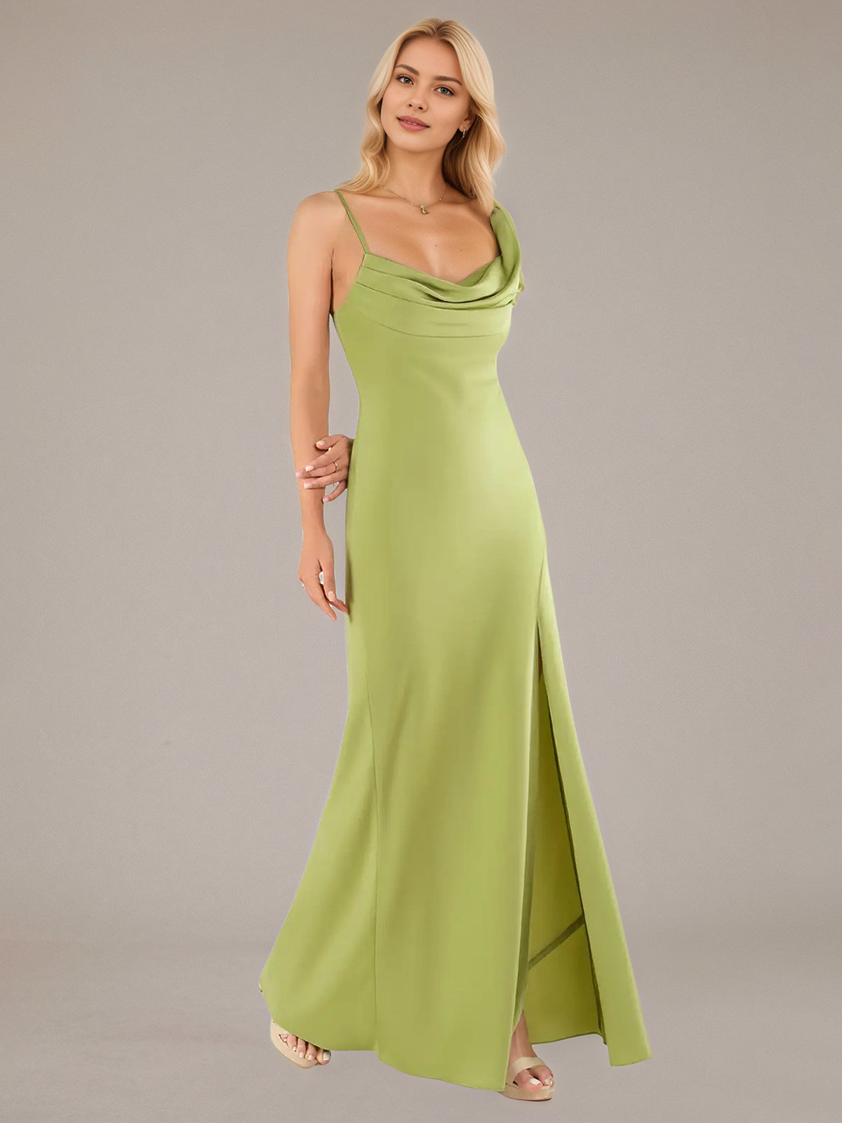 Green Sheath/Column Satin Asymmetrical Sleeveless Floor Length Dresses