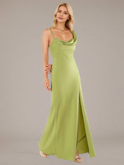 Green Sheath/Column Satin Asymmetrical Sleeveless Floor Length Dresses