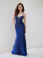 Navy Blue Tulle Trumpet/Mermaid Spaghetti Straps Sleeveless Floor Length Bridesmaid Dress