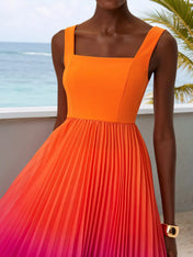 Orange Pleated Ombre Classic Square Neck Sleeveless A-Line Midi Dress