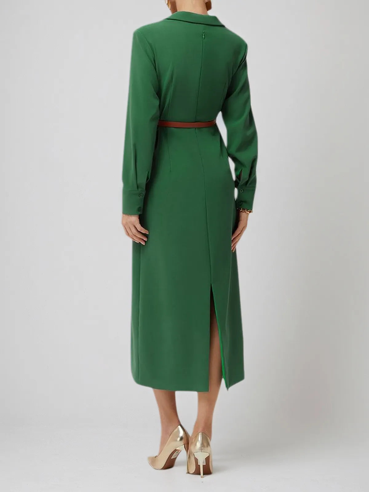 Green Lapel Collar Long Sleeve Sheath/Column Shirt Midi Dress