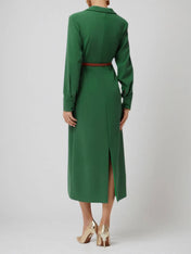 Green Lapel Collar Long Sleeve Sheath/Column Shirt Midi Dress