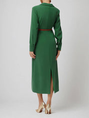 Green Lapel Collar Long Sleeve Sheath/Column Shirt Midi Dress