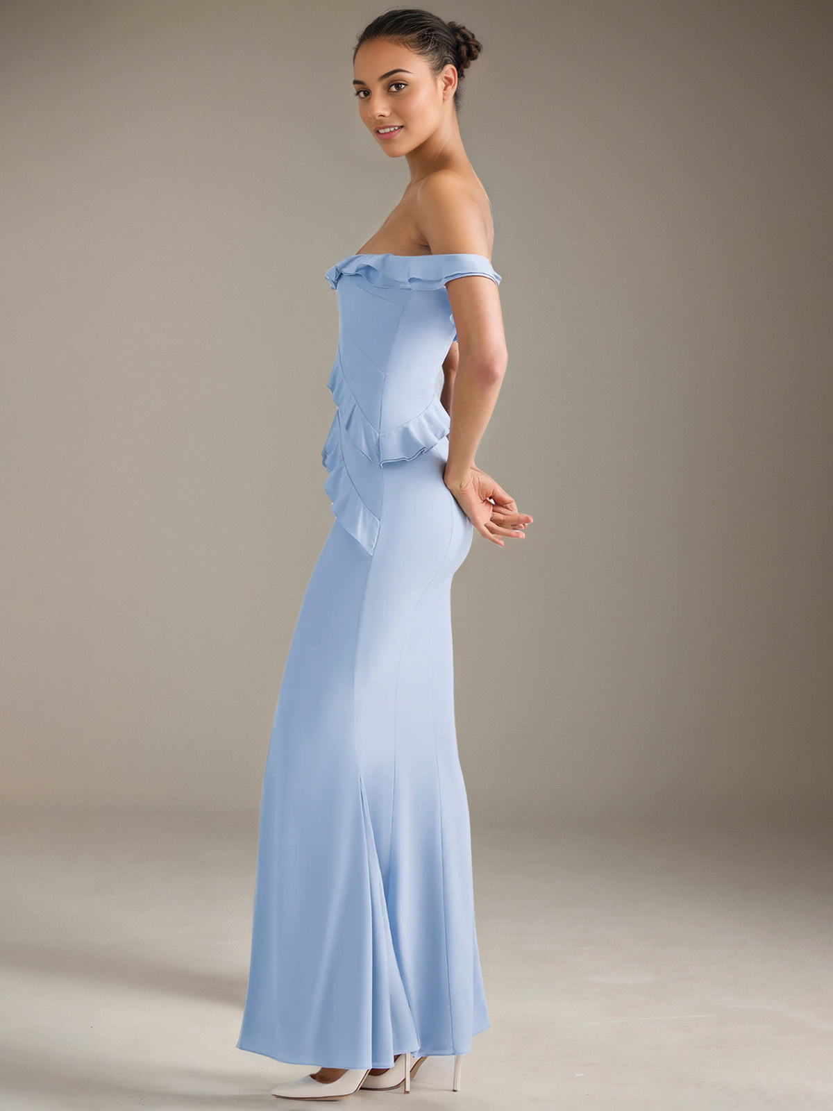 Light Blue Chiffon Sheath/Column Off The Shoulder Floor Length Bridesmaid Dresses