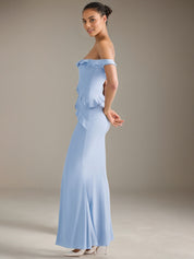 Light Blue Chiffon Sheath/Column Off The Shoulder Floor Length Bridesmaid Dresses