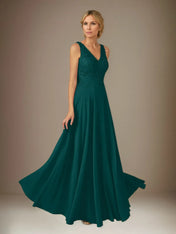 A Line Chiffon V Neck Sleeveless Floor Length Pleated Mother of the Bride Dresses With Appliques