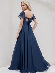 Navy Blue Chiffon A Line V Neck Short Sleeves Floor Length Bridesmaid Dress