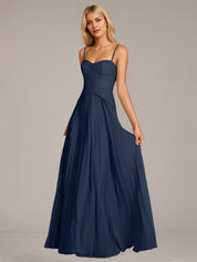 Navy A Line Chiffon Spaghetti Straps Sleeveless Floor Length Dresses