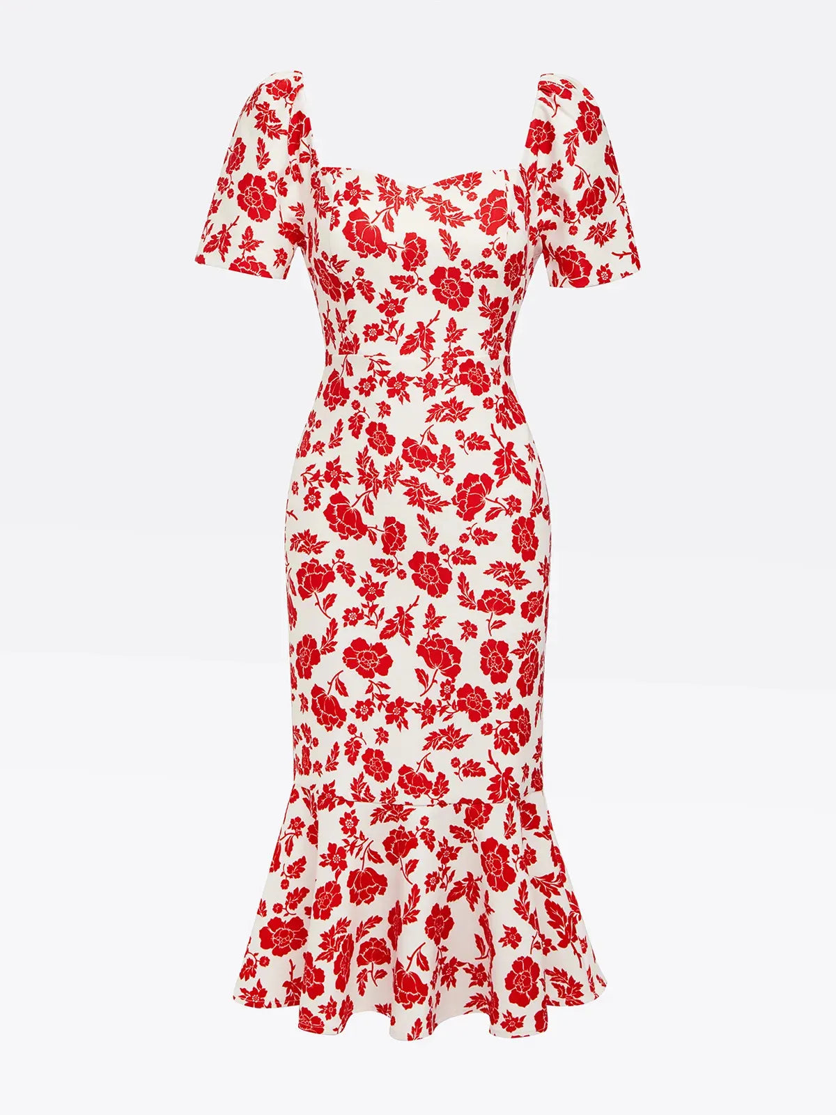 Red Floral Sweetheart Neckline Mermaid Midi Dress