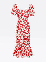 Red Floral Sweetheart Neckline Mermaid Midi Dress