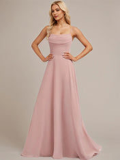Dusty Rose A-Line Cold Shoulder Spaghetti Straps Floor-Length Chiffon Bridesmaid Dress With Ruffle
