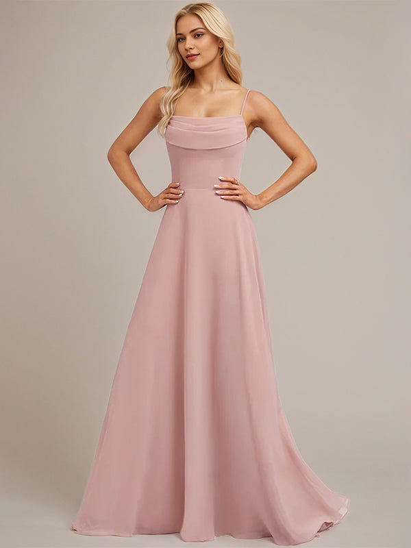 Dusty Rose A-Line Cold Shoulder Spaghetti Straps Floor-Length Chiffon Bridesmaid Dress With Ruffle
