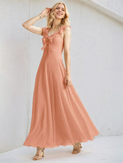 Peach Pink Chiffon A Line V Neck Sleeveless Floor Length Bridesmaid Dress With Ruffle