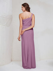 Orchid Chiffon A Line One Shoulder Sleeveless Floor Length Bridesmaid Dress