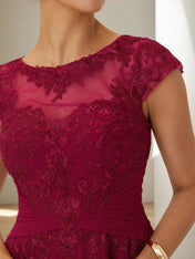 Red Lace Chiffon Crew Neck Cap Sleeve A-Line Maxi Dress