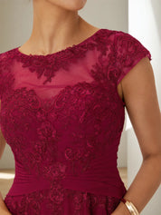 Red Lace Chiffon Crew Neck Cap Sleeve A-Line Maxi Dress