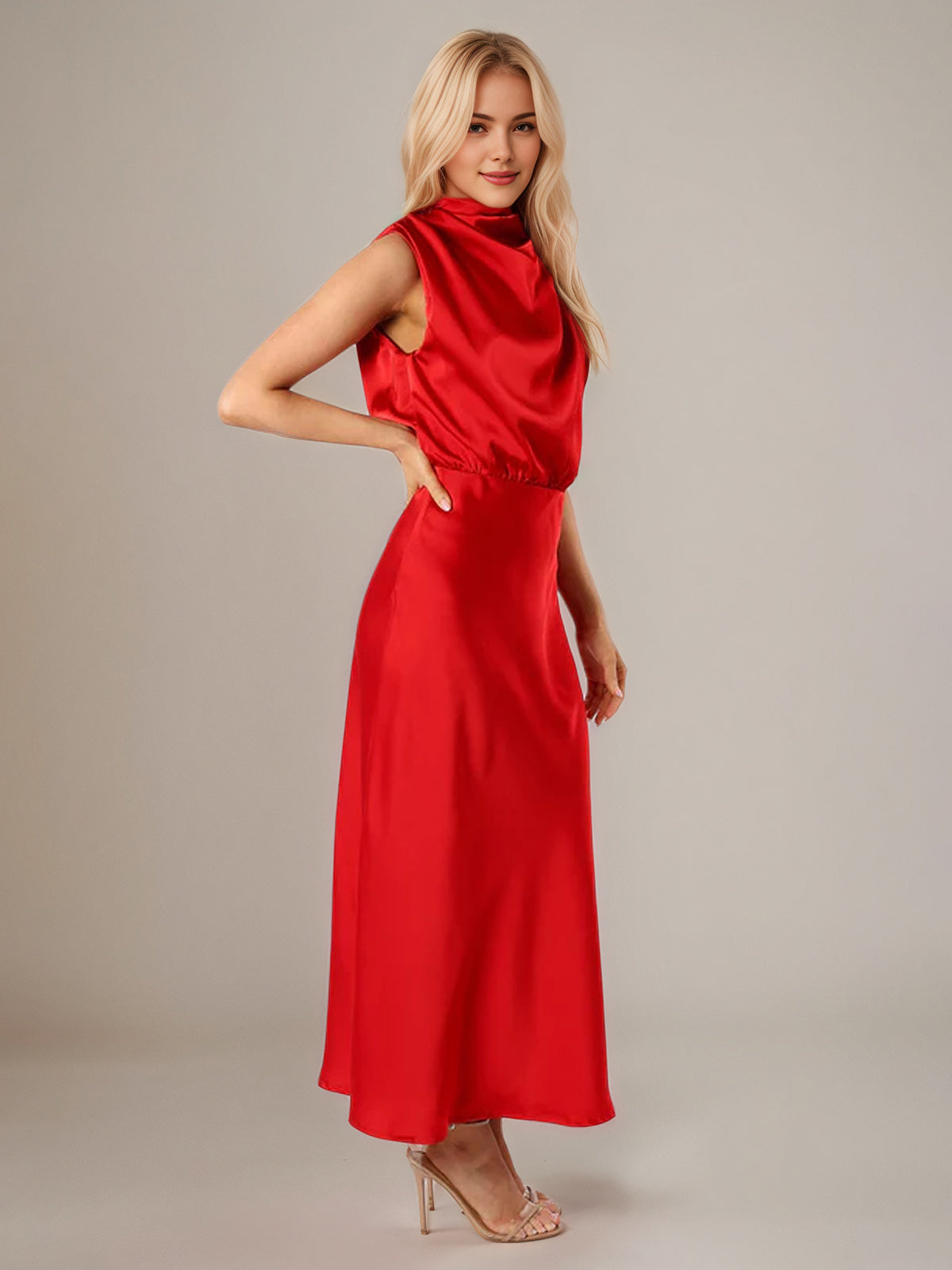 Red Satin Sheath/Column High Neck Sleeveless Ankle Length Bridesmaid Dress
