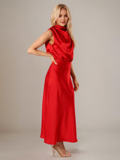 Red Satin Sheath/Column High Neck Sleeveless Ankle Length Bridesmaid Dress