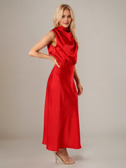 Red Satin Sheath/Column High Neck Sleeveless Ankle Length Bridesmaid Dress