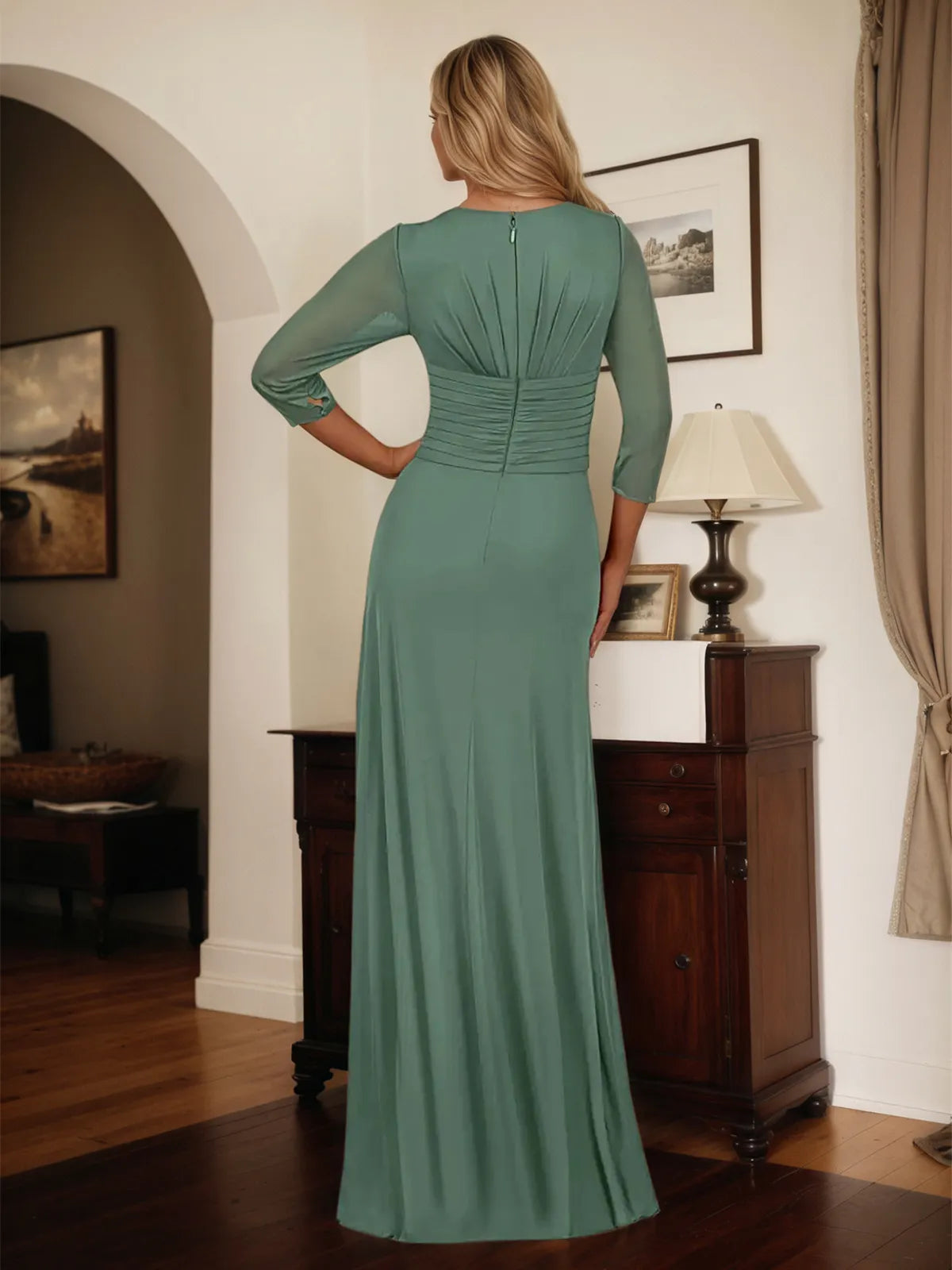 A Line V Neck 3/4 Sleeve Floor Length Chiffon Mother of the Bride Dress