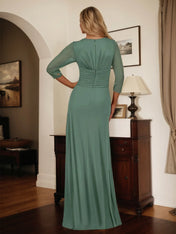 A Line V Neck 3/4 Sleeve Floor Length Chiffon Mother of the Bride Dress