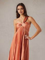 Coral Satin A Line One Shoulder Pleated Floor Length Dress