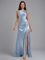 Dusty Blue Sheath/Column Scoop Neck Floor-Length Satin Bridesmaid Dress