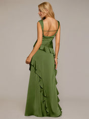 Olive Green Sheath/Column Satin Square Neck Sleeveless Floor Length Dresses