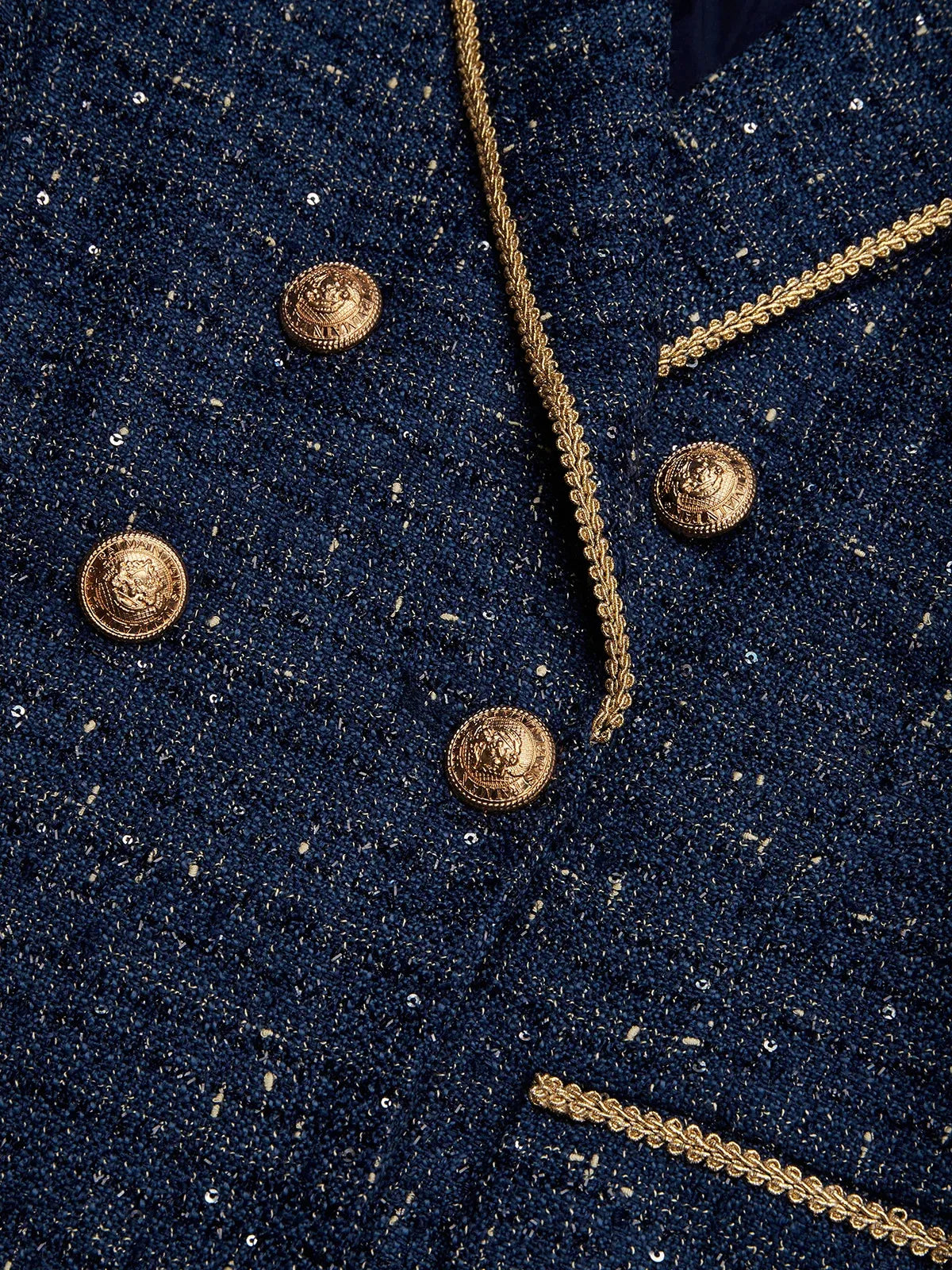 Women Navy Blue Tweed Buckle Peaked Lapel Collar Long Sleeve Dressy Coat With Skirt Two-Piece Set