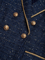 Women Navy Blue Tweed Buckle Peaked Lapel Collar Long Sleeve Dressy Coat With Skirt Two-Piece Set