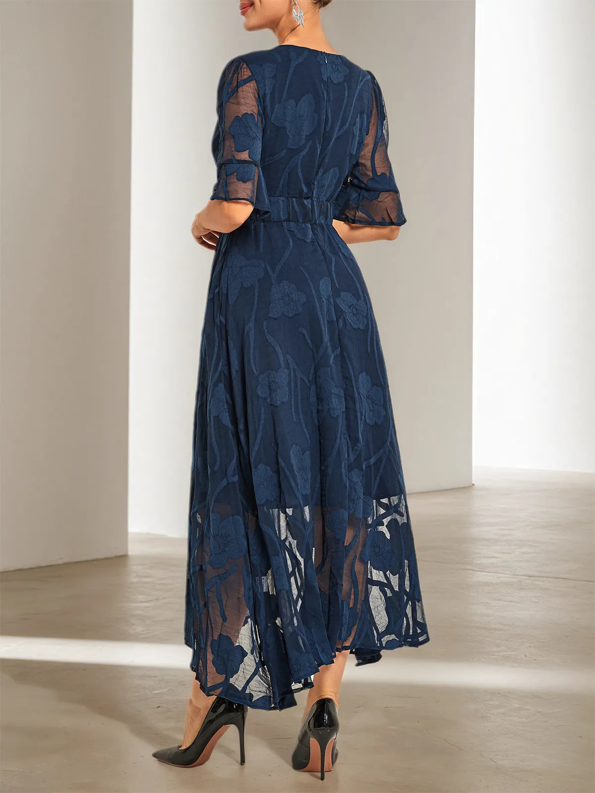 Purplish blue Lace V Neck Short Sleeve A-Line Midi Dress