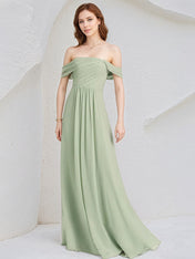 Celadon Chiffon A Line Off the Shoulder Sleeveless Floor Length Pleated Bridesmaid Dress