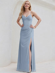 Dusty Blue Chiffon A Line Spaghetti Straps Sleeveless Floor Length Bridesmaid Dress With Slit